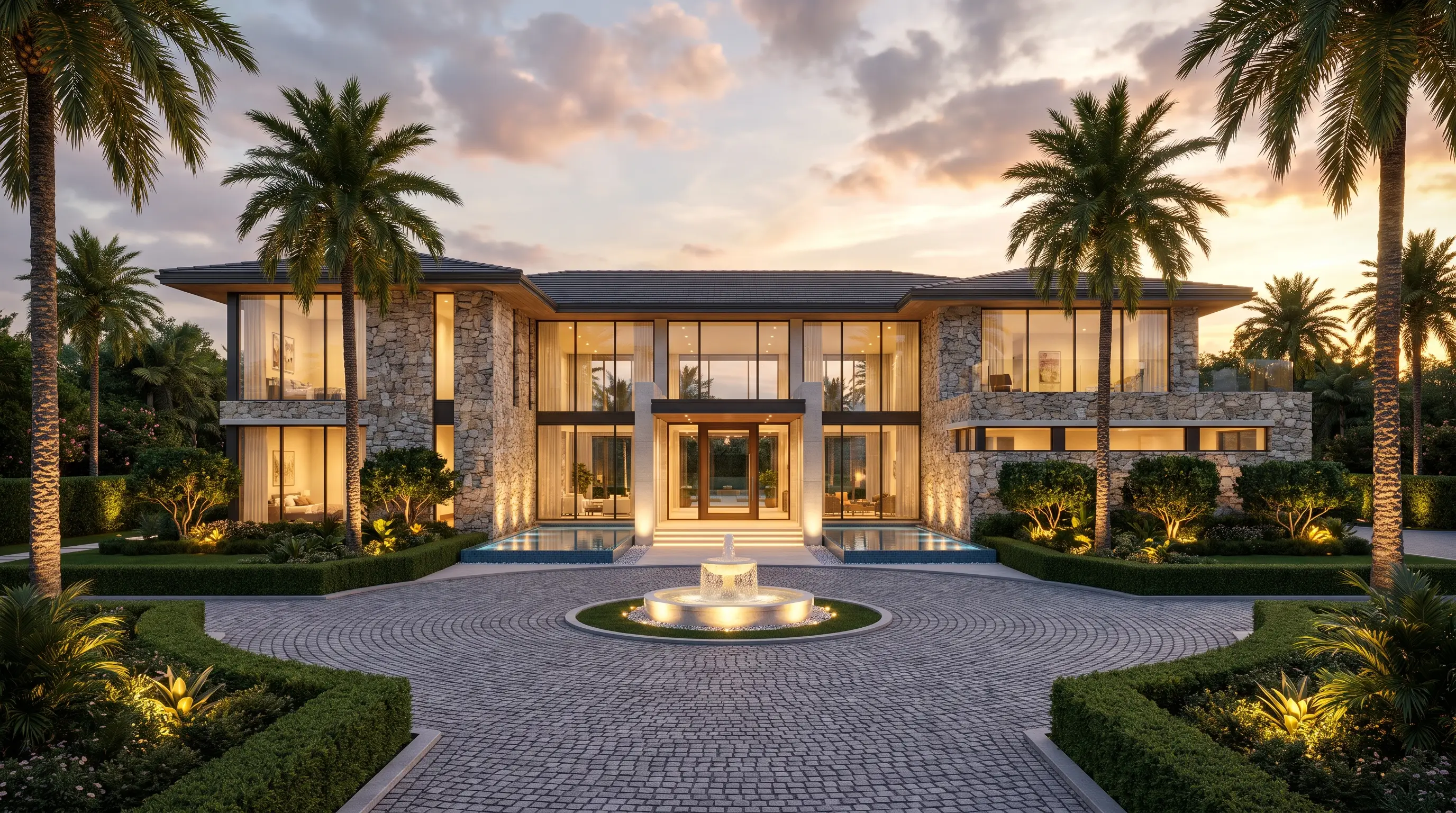 Photorealistic 3D exterior render of a grand luxury mansion with a fountain driveway at dusk